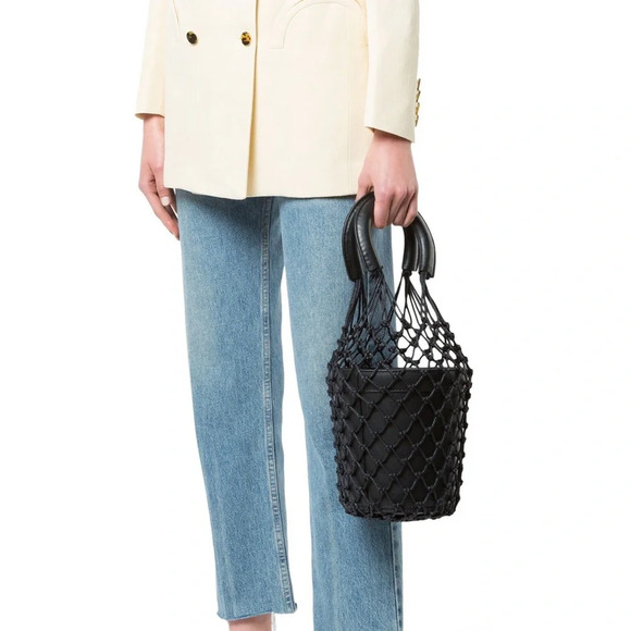 STAUD Black Moreau Leather Woven Bucket Mini Bag | Designer Minimalist Chic - Picture 5 of 7